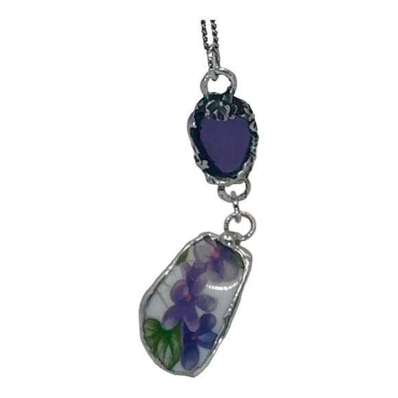 Violets Broken China & Sea Glass Artisan Silver-Blend Metalwork Bezel Pendant - Picture 7 of 17